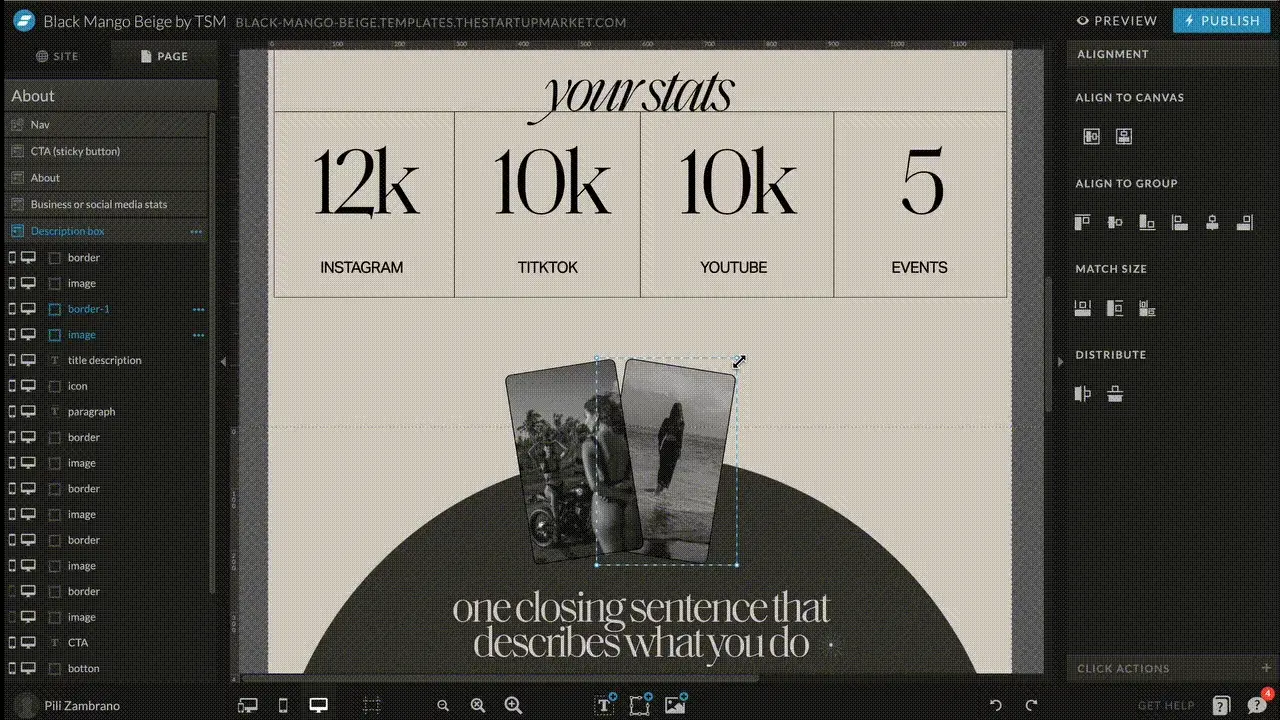 Animated image showing the drag and drop capabilities of Showit, demonstraded on a website template by The Startup Market