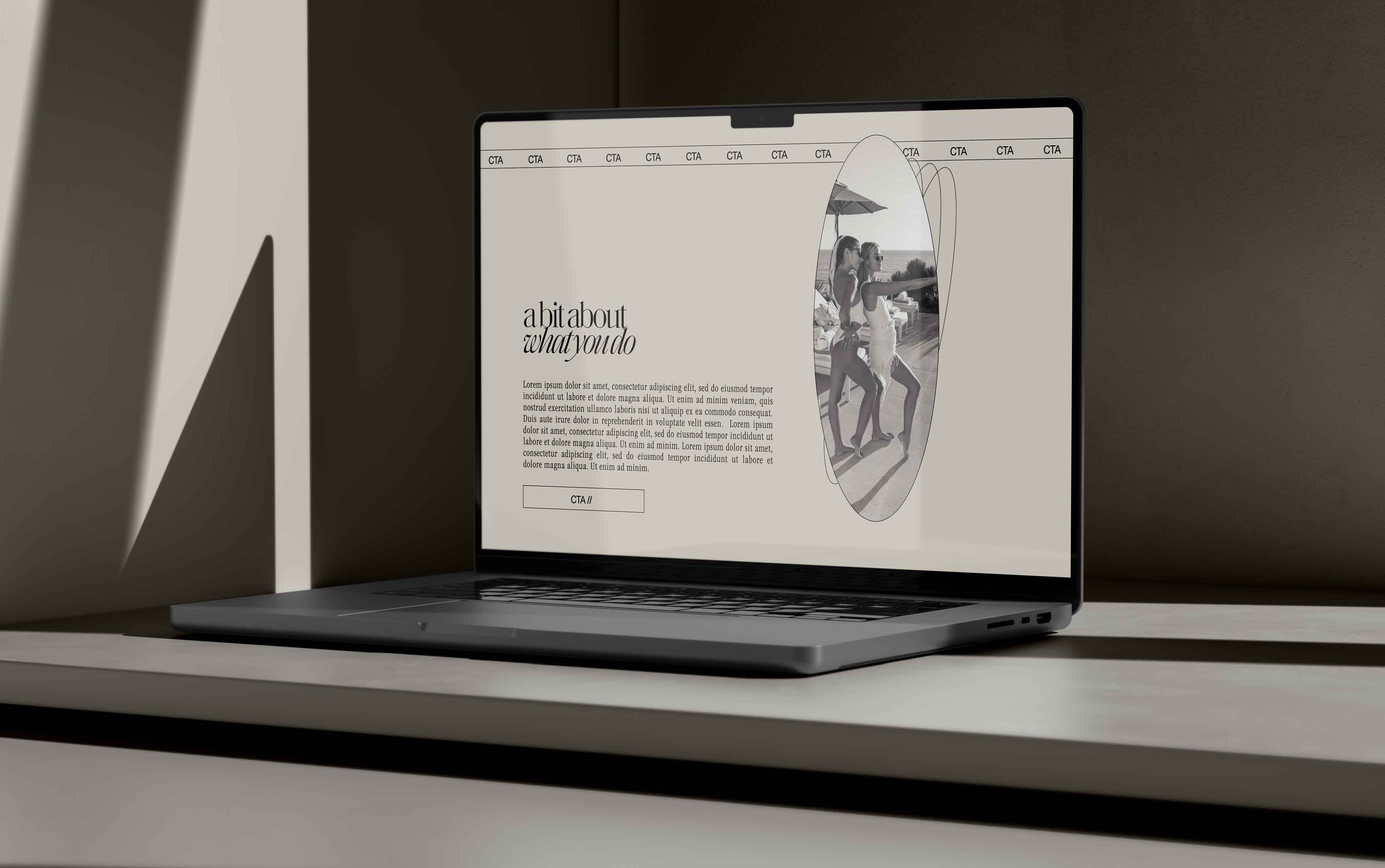 Mockup of the Black Mango Beige Showit website template on a PC Display Mockup