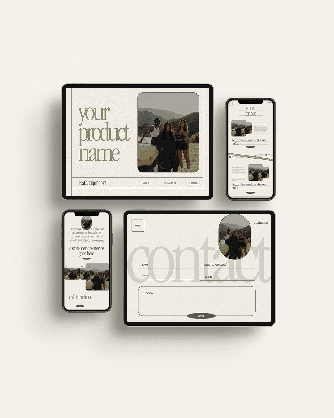 Mockups of the Malibu Summer Green Showit website template by The Startup Market