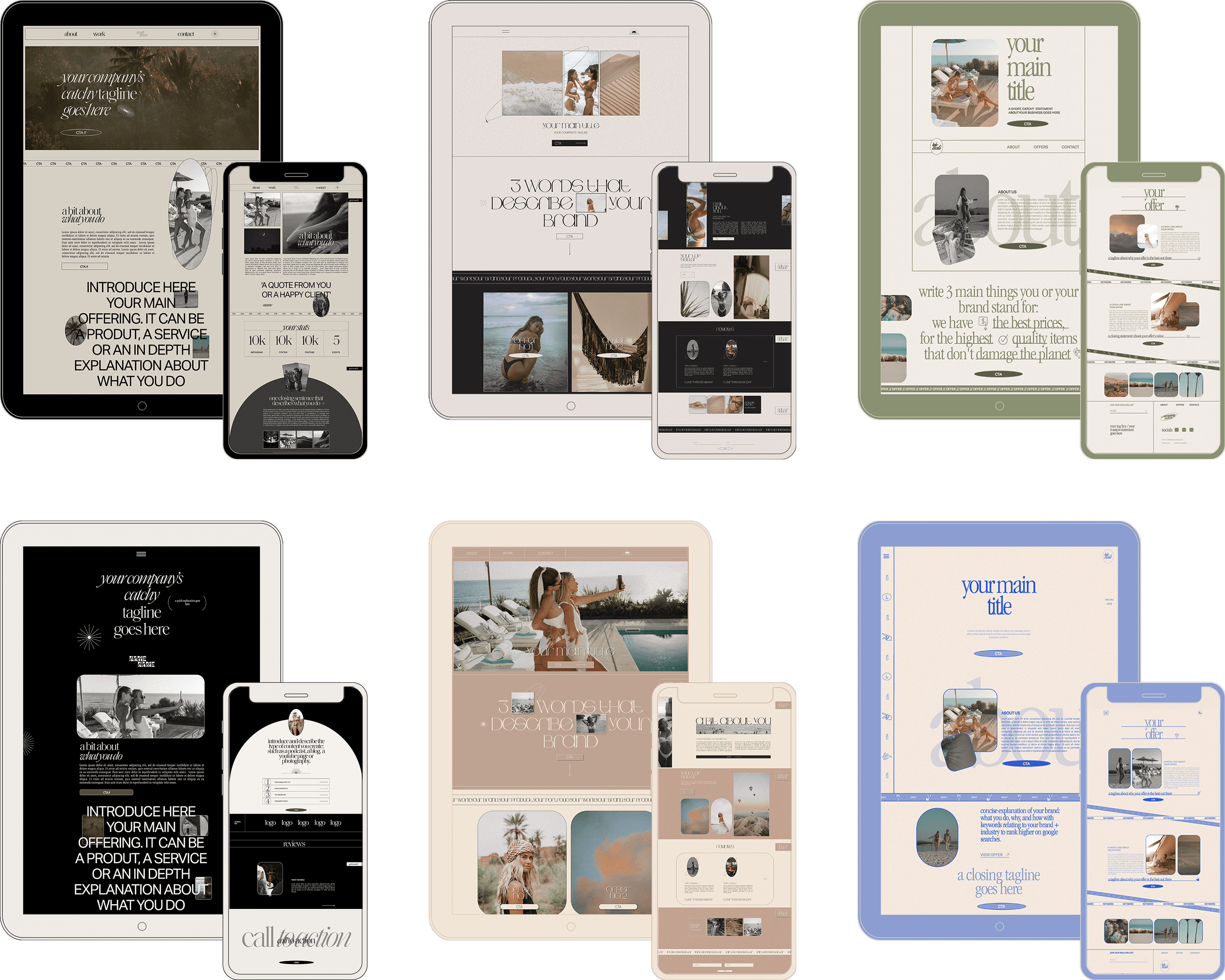 Mockups of Showit website templates from the Startup Market